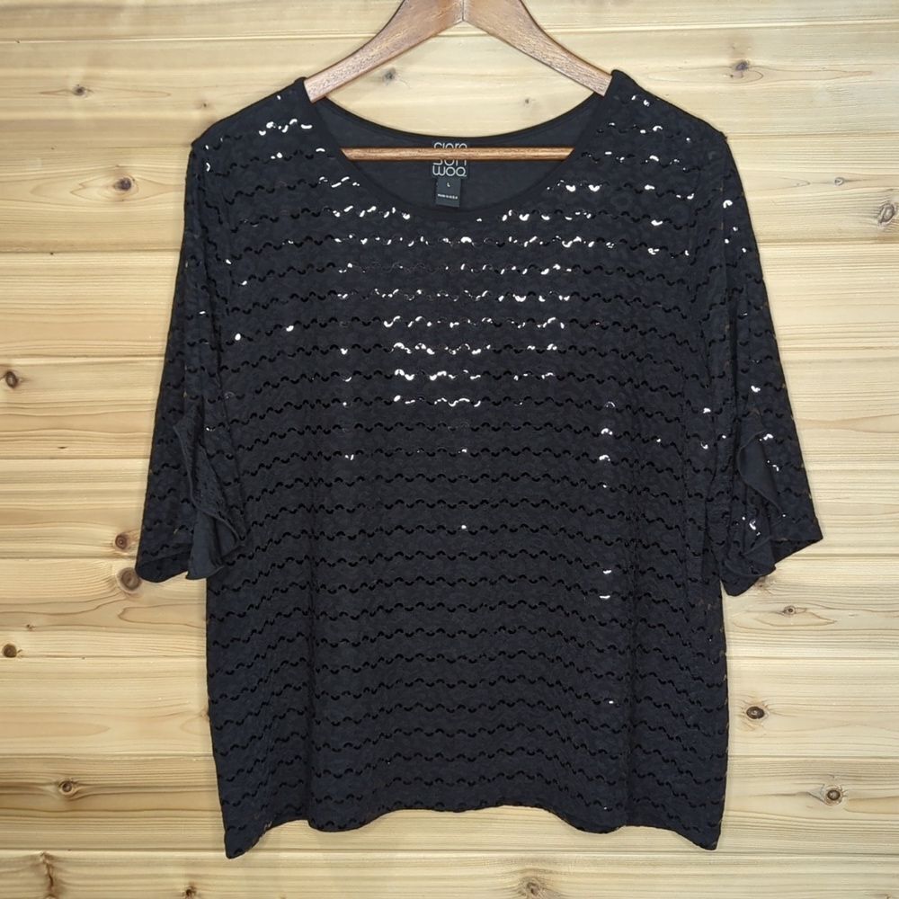 Clara Sun Woo Top Womens Large Black Sequin Blouse Art Classic